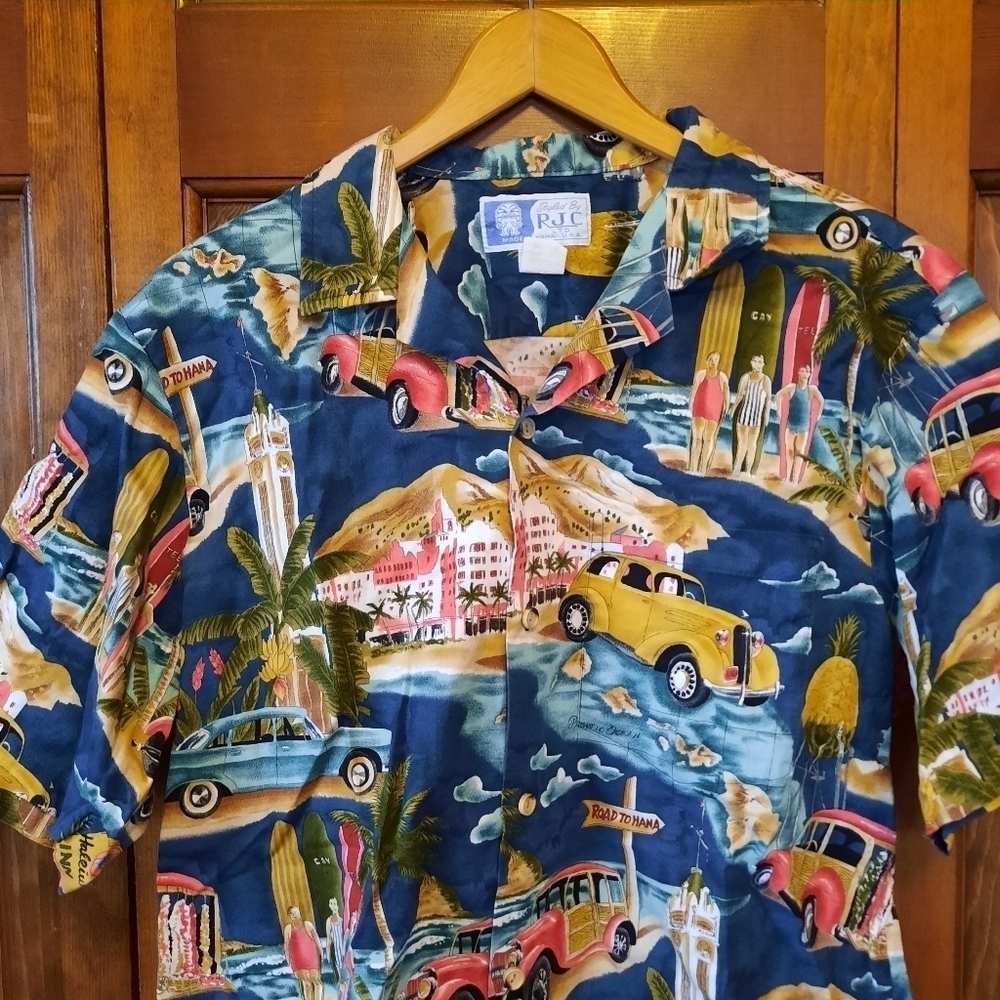 Vintage Styled by RJC Hawaiian classic cars surf print button-up shirt size L - Picture 2 of 11